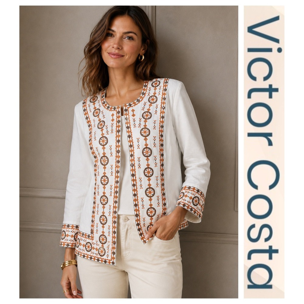 Victor Costa Occasion White Orange Geometric Embroidered Jacket 2X NEW